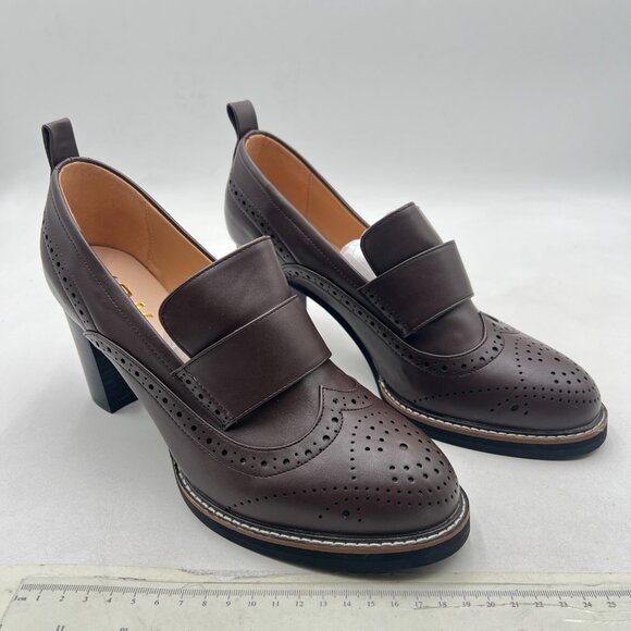 YDN Saddle Brown Chunky High Heels Round Toe Oxford Loafer Dress Shoe - Picture 4 of 8